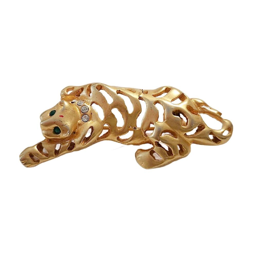 Vintage Gold Tone Open Work Tiger Brooch, 1.75" Long